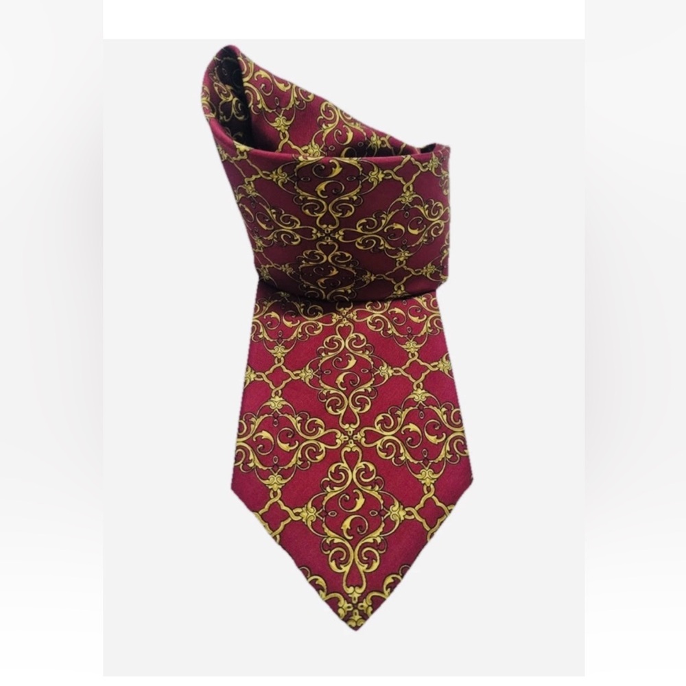 VTG Christian Dior 100% Silk Tie Monsieur Red Scroll Gold Hand Made France